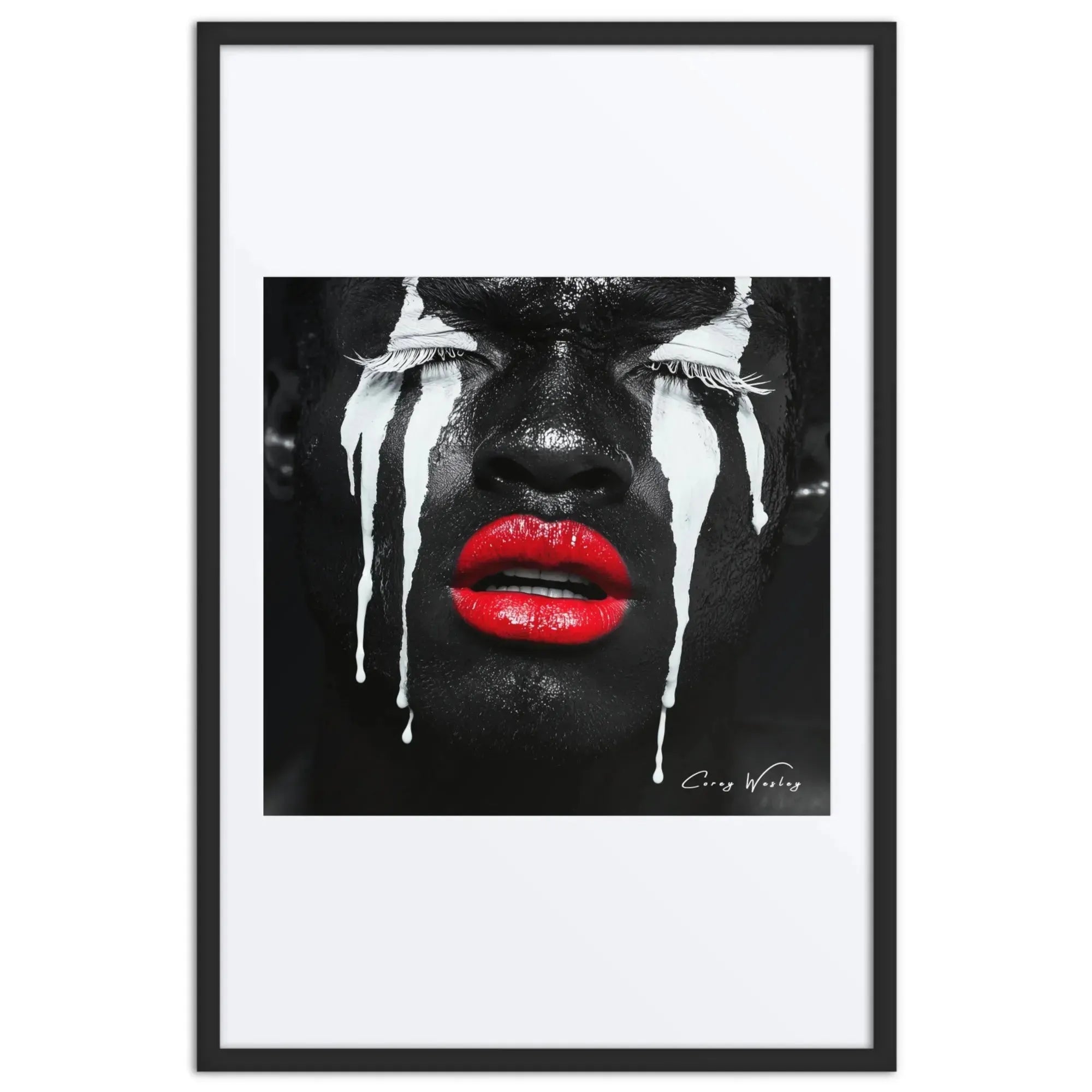 Black white tears portrait art contemporary red lips dripping aluminum print NYC artist wall art