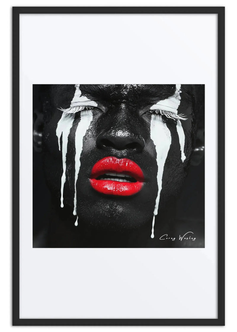 Black white tears portrait art contemporary red lips dripping aluminum print NYC artist wall art