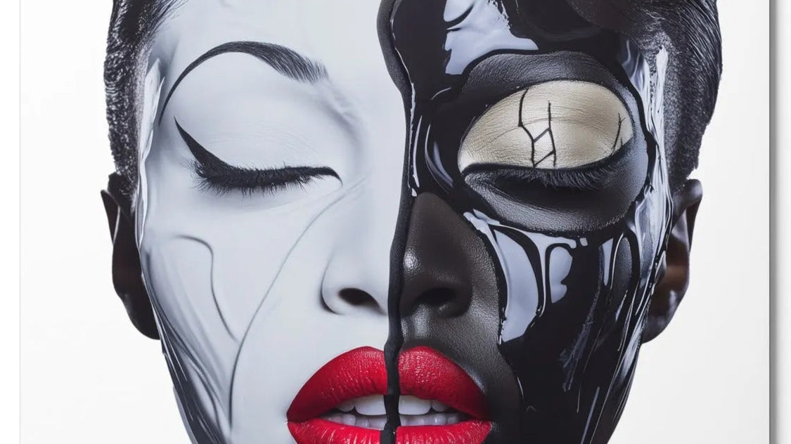 Black white dripping portrait art contemporary melting face red lips aluminum print NYC artist wall art
