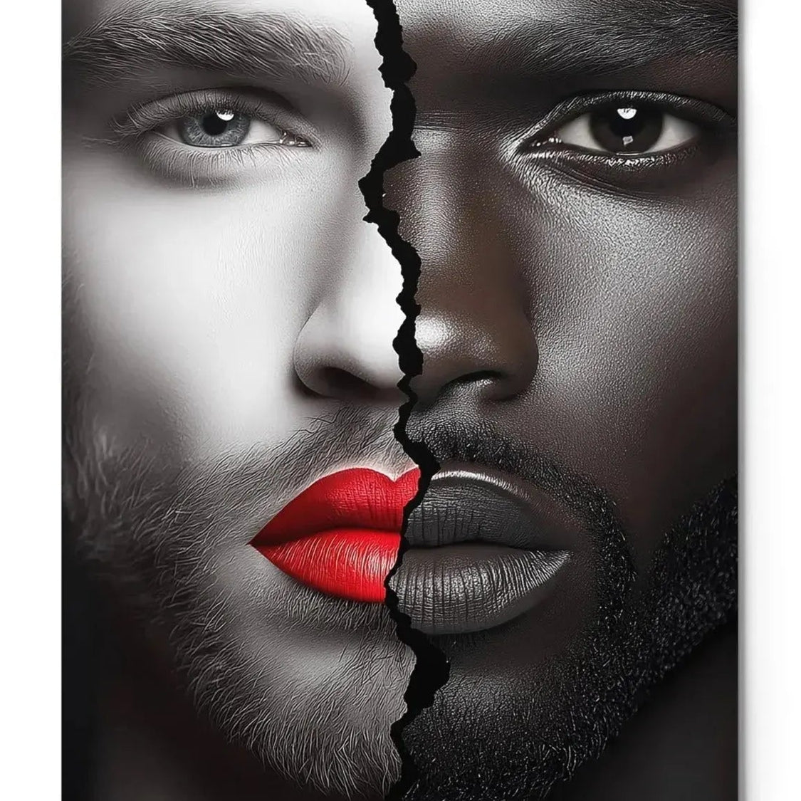 Black white male portrait art contemporary split faces red lips aluminum print NYC artist wall art