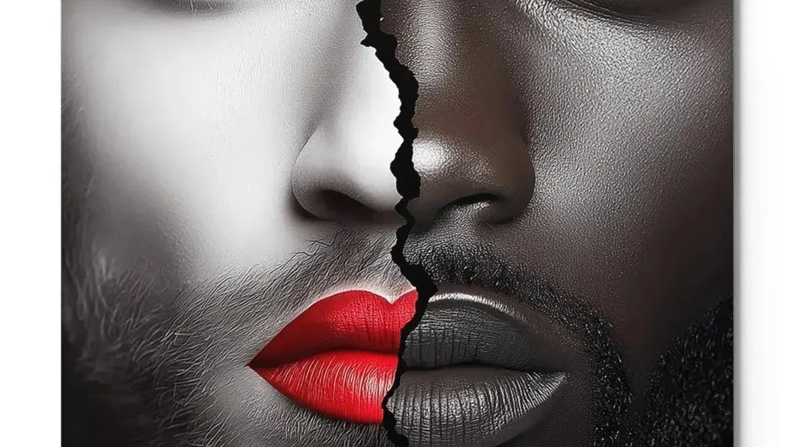 Black white male portrait art contemporary split faces red lips aluminum print NYC artist wall art