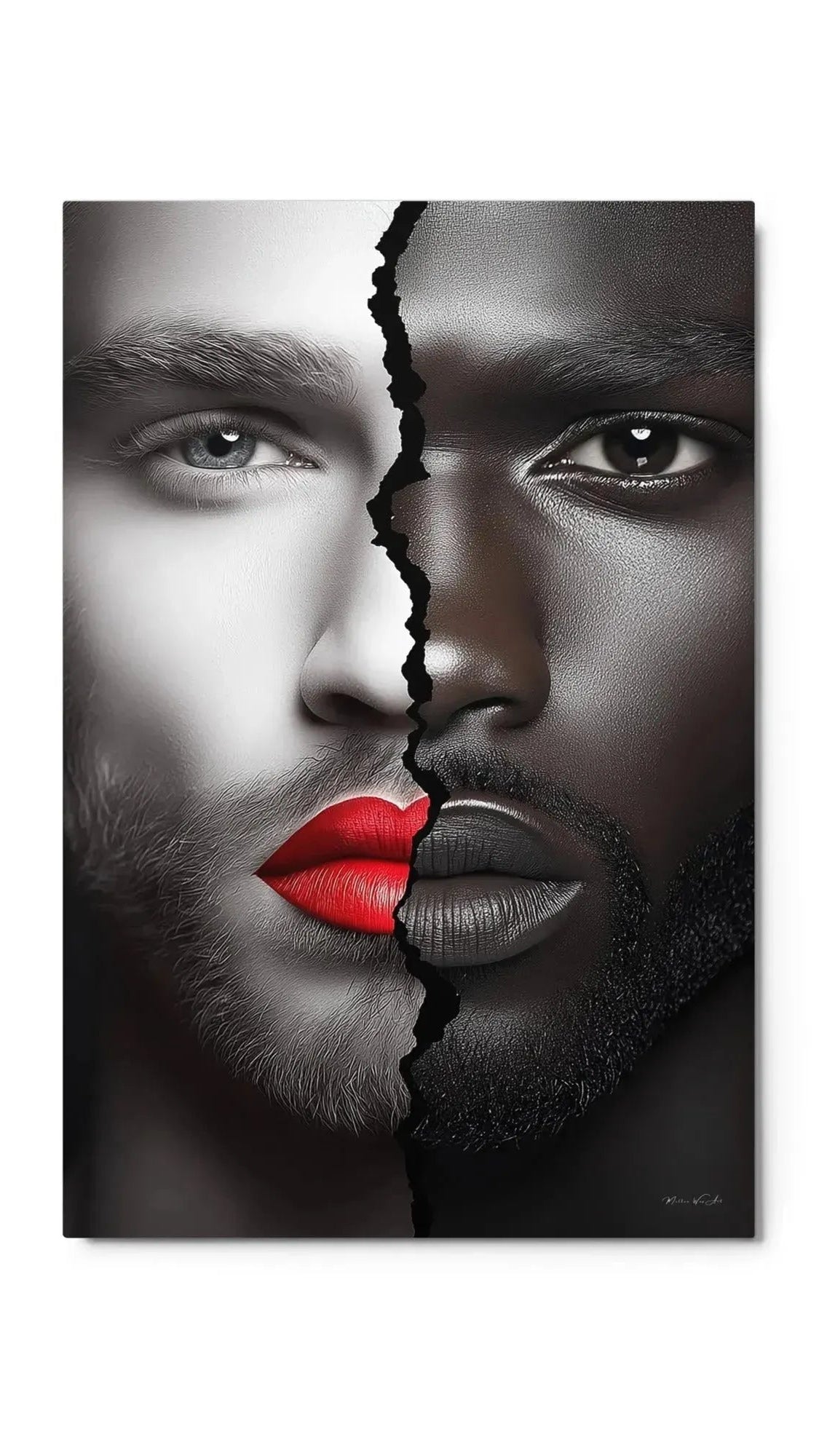 Black white male portrait art contemporary split faces red lips aluminum print NYC artist wall art contemporary figurative portrait artwork by Harlem artist Corey Wesley