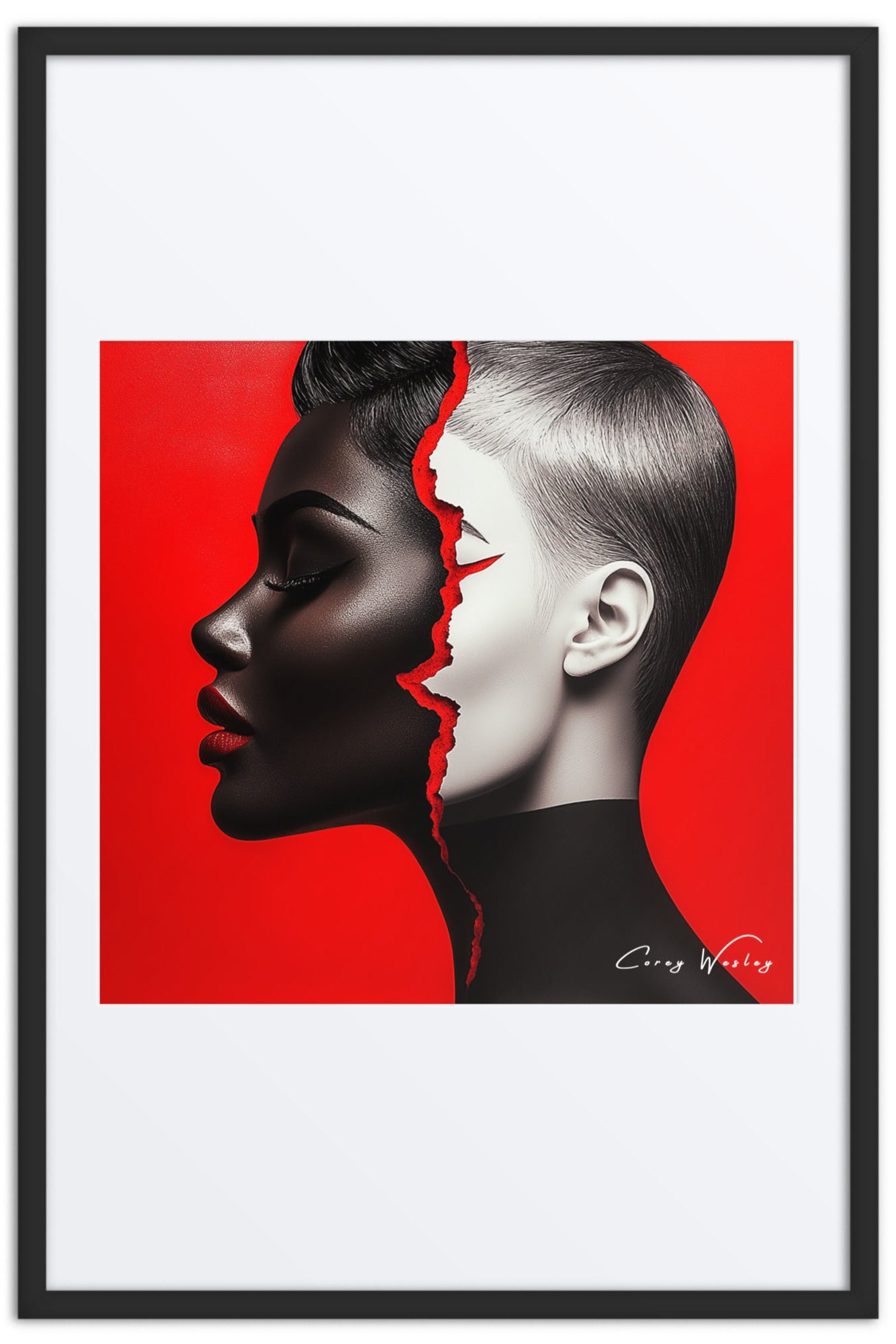 Modern portrait art with contrasting profiles, contemporary aluminum print by NYC artist, statement wall decor contemporary figurative portrait artwork by Harlem artist Corey Wesley