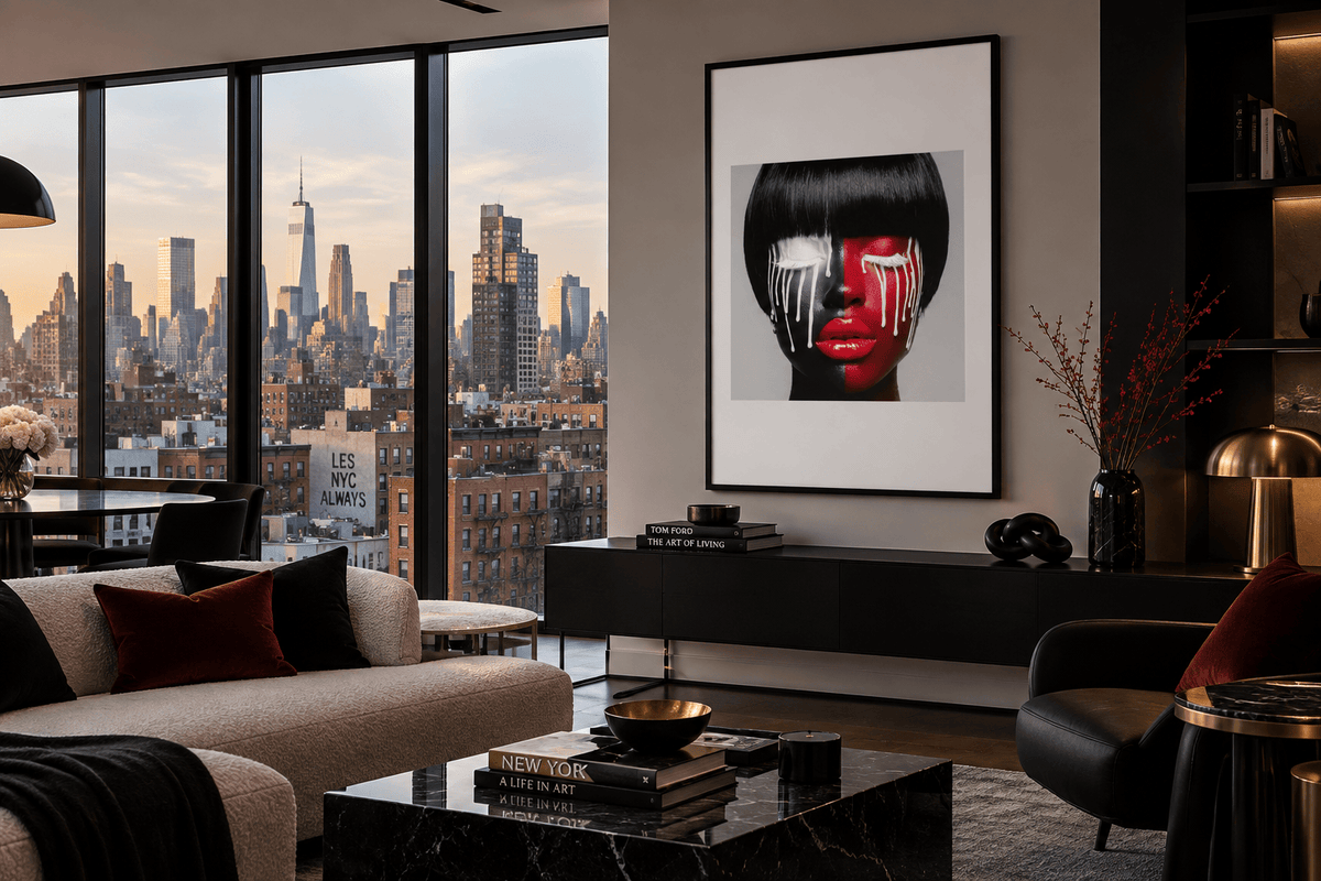 Burning Desire by Corey Wesley in a luxury New York apartment room mockup, with the Lower East Side skyline beyond the windows.