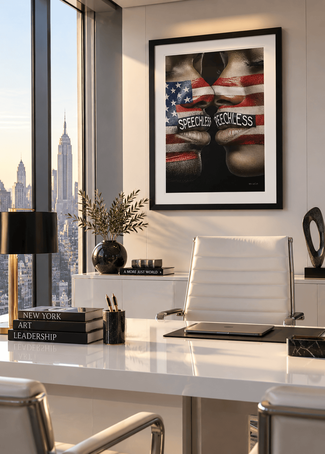 Framed artwork depicting two face archetypes with an American flag pattern and “SPEECHLESS” across their mouths, displayed in a contemporary office overlooking the Empire State Building.