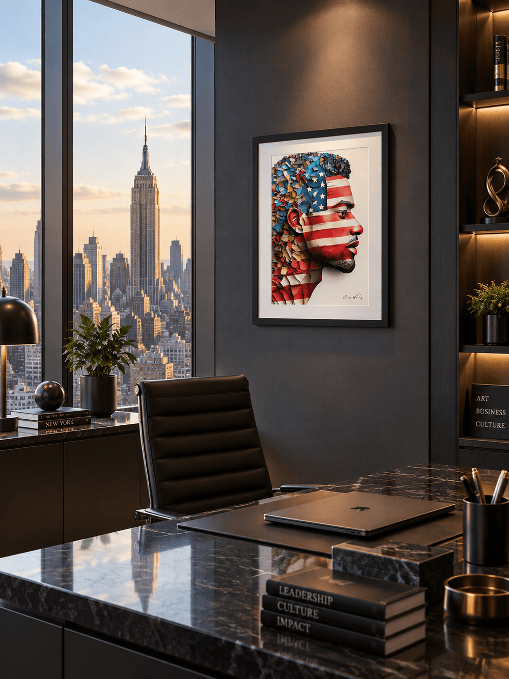 Framed artwork depicting a face archetype in profile with an American flag pattern and layered hair forms, displayed in a dark office overlooking the Empire State Building.