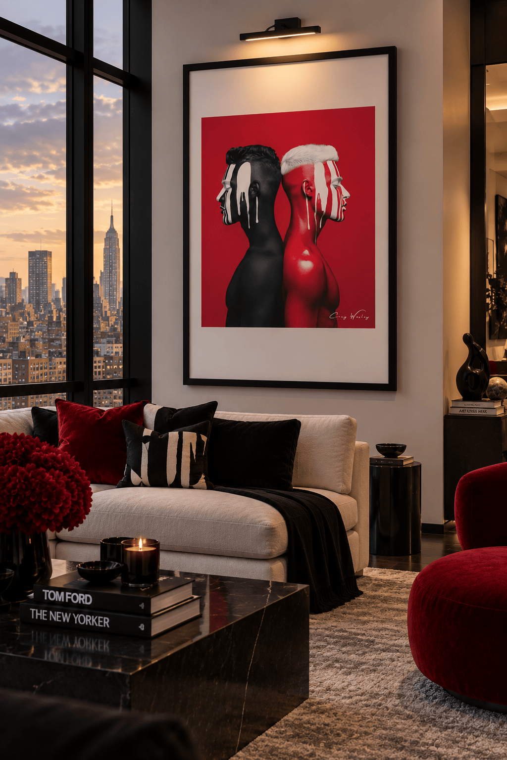 Framed artwork depicting two back-to-back face archetypes in black and red with white drips over their eyes, displayed above a cream sofa.
