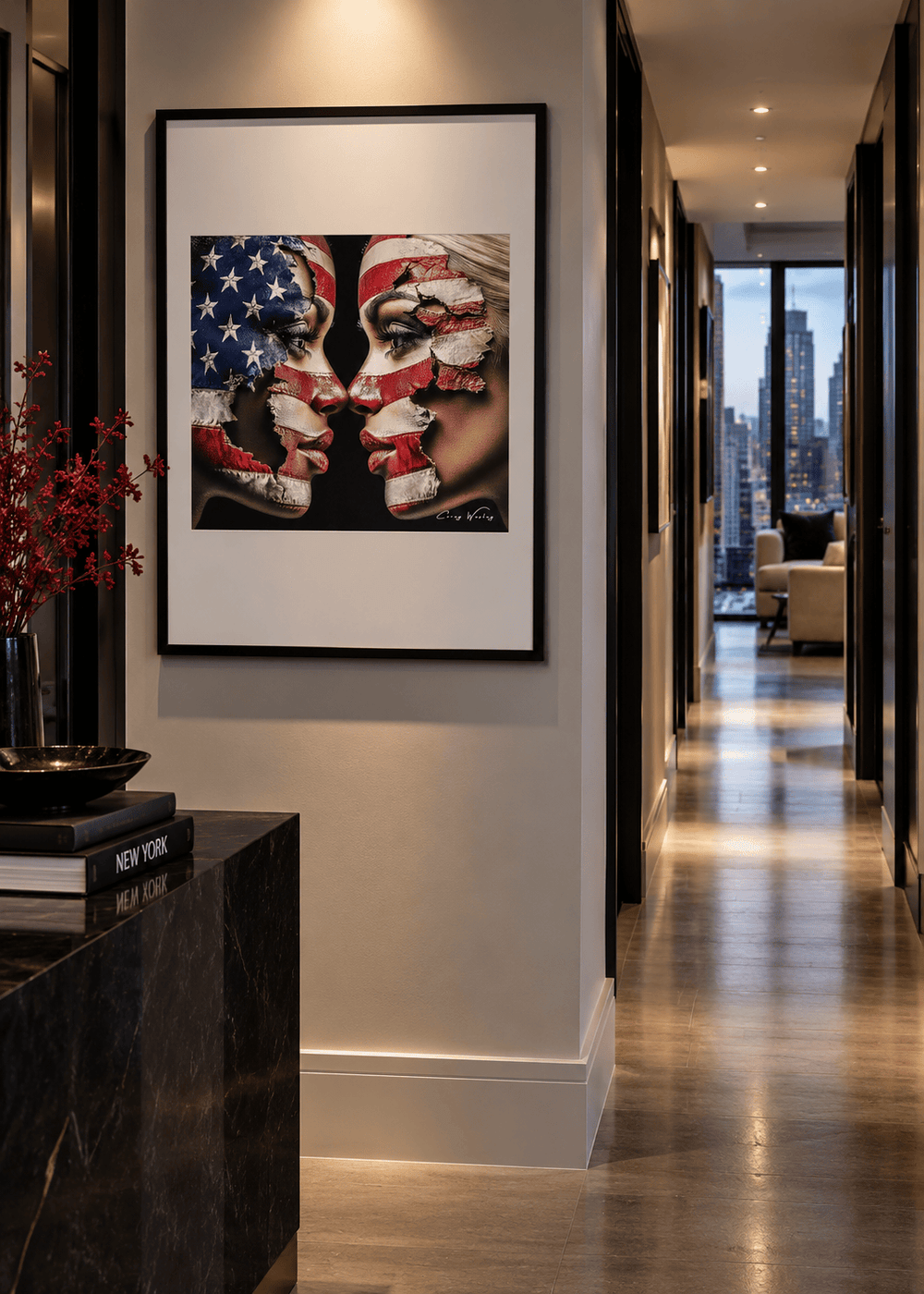 Framed artwork depicting two face archetypes in profile with a distressed American flag pattern, displayed in a hallway above a dark console.