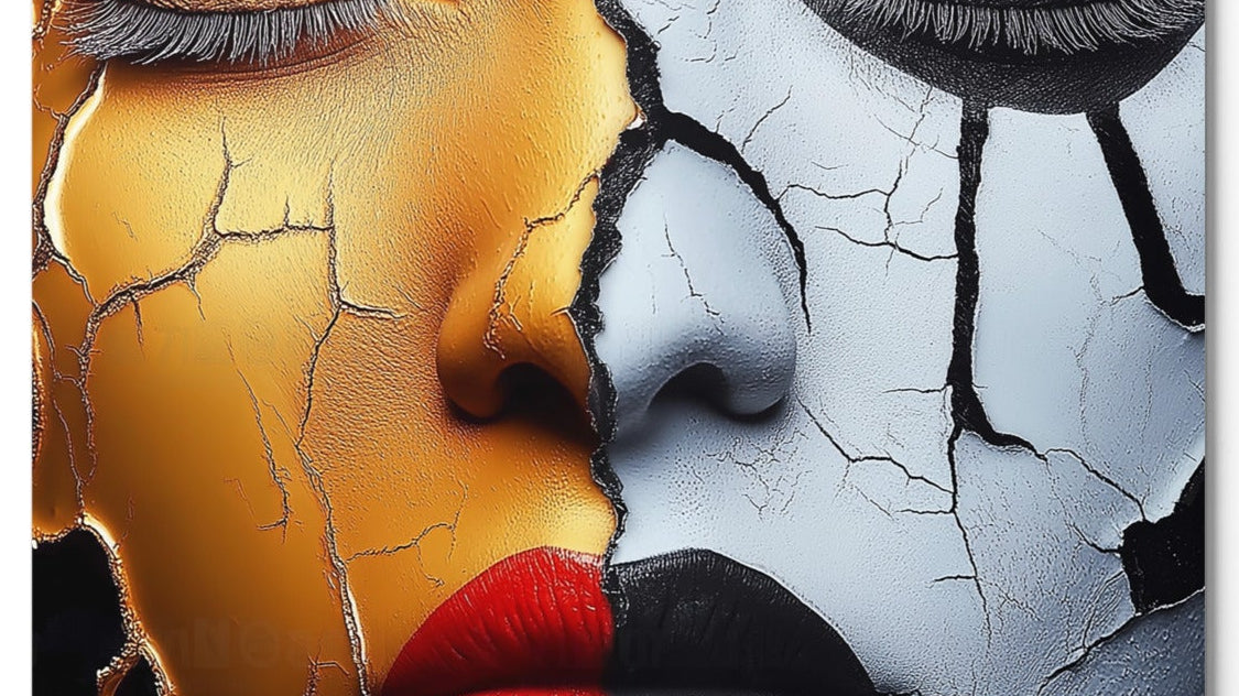 Gold silver cracked portrait art contemporary split face aluminum print NYC artist statement wall decor