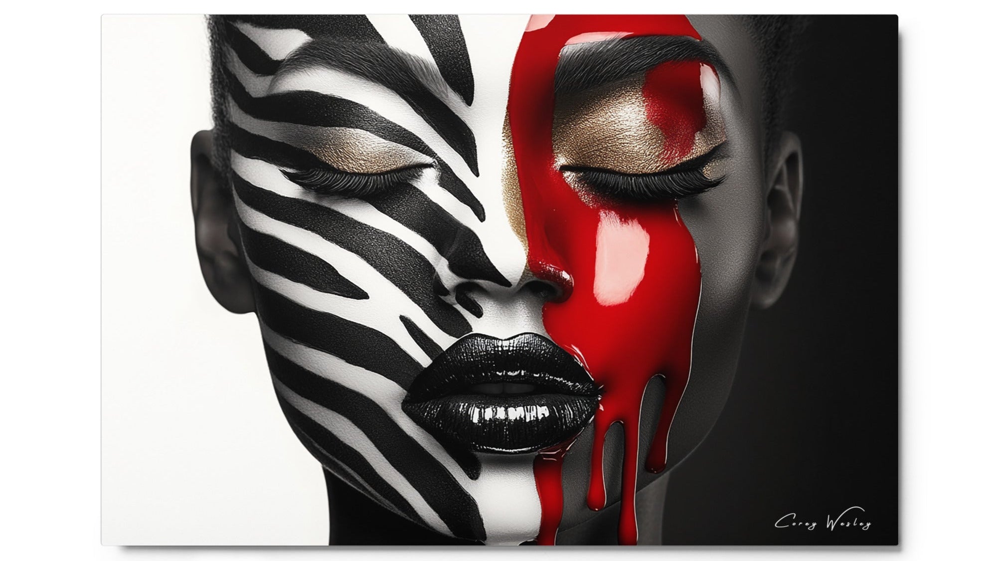 Zebra stripe red drip portrait art contemporary face paint aluminum print NYC artist bold wall decor