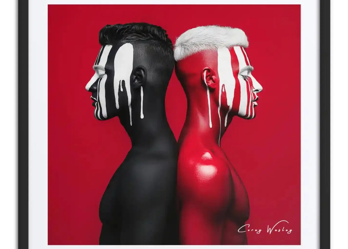 Red background dripping paint portrait art contemporary dual figures aluminum print NYC artist wall art