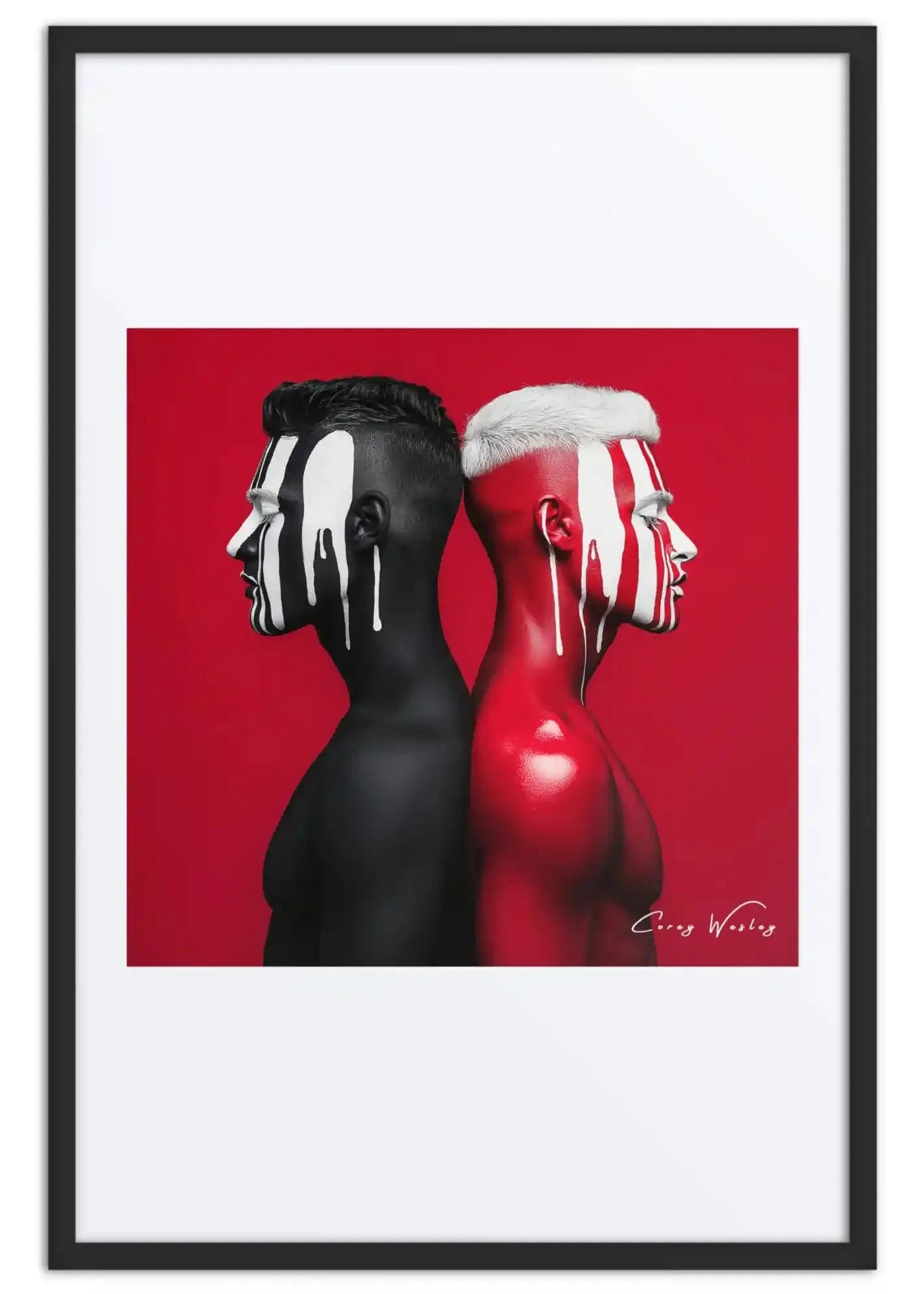 Red background dripping paint portrait art contemporary dual figures aluminum print NYC artist wall art contemporary figurative portrait artwork by Harlem artist Corey Wesley