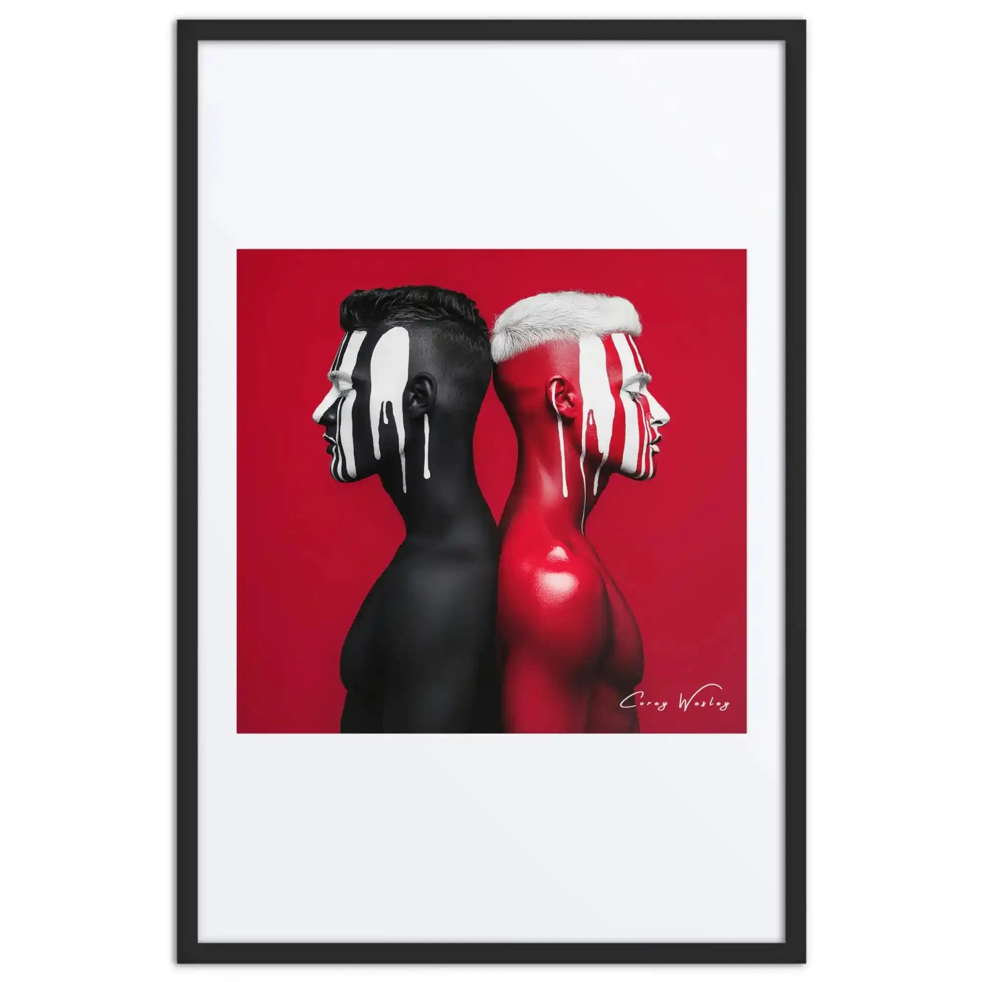 Red background dripping paint portrait art contemporary dual figures aluminum print NYC artist wall art