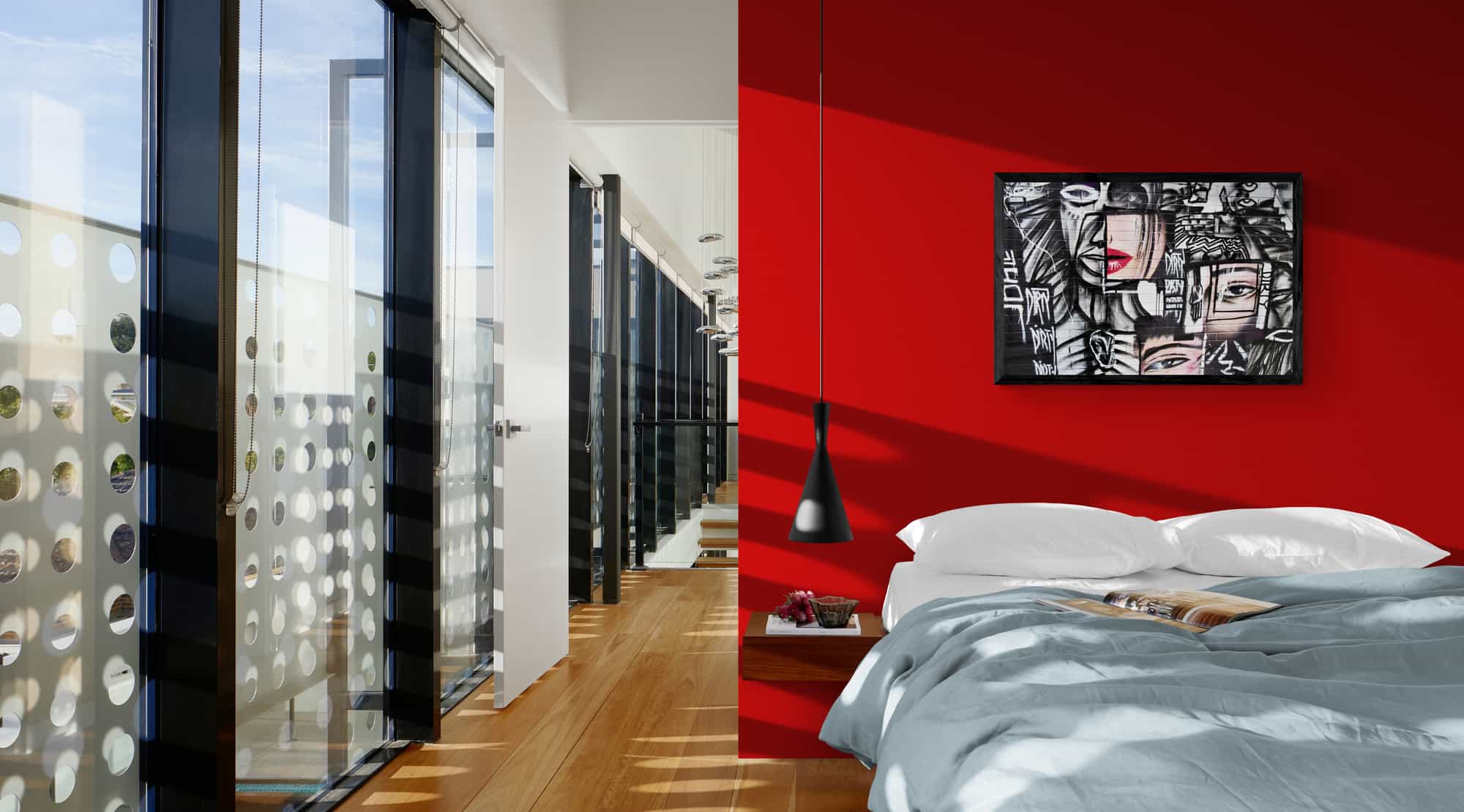 a image of a stylish apartment bedroom with large windows and Milton Wes Art framed canvas print hanging on the wall