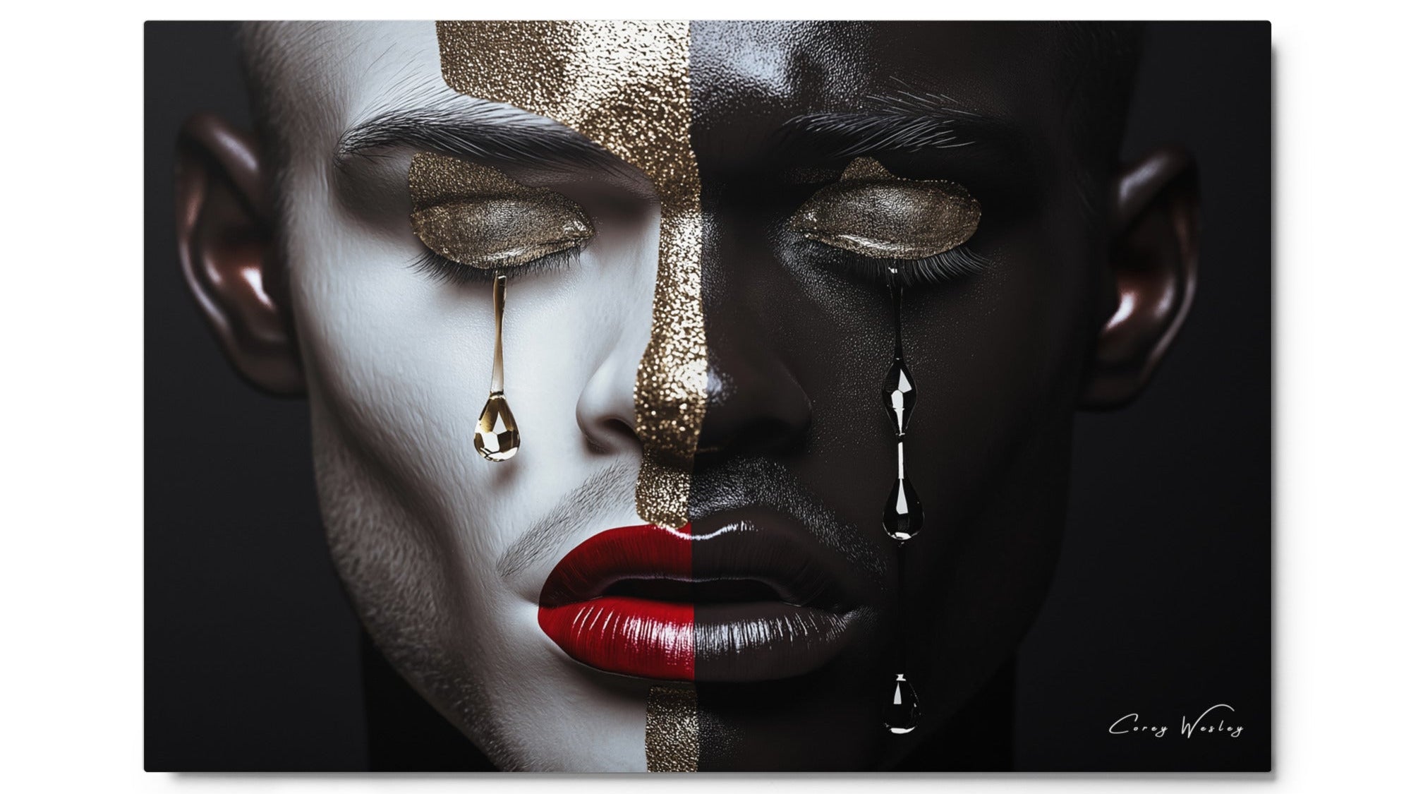 Gold glitter tears portrait art contemporary split face aluminum print NYC artist dramatic wall art

