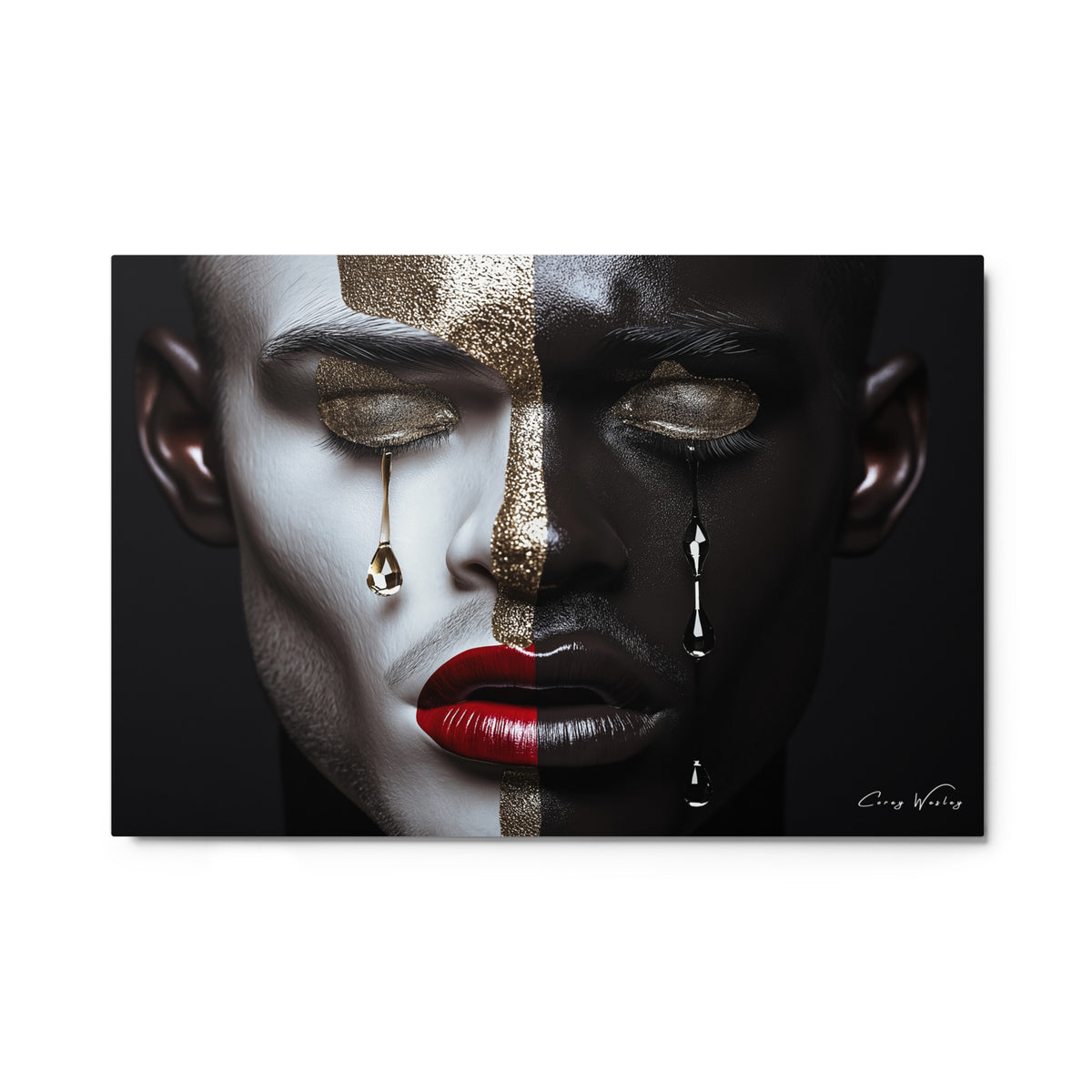 Gold glitter tears portrait art contemporary split face aluminum print NYC artist dramatic wall art
