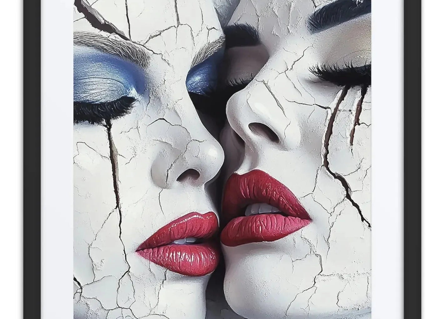 White cracked portrait art contemporary red lips blue eyes aluminum print NYC artist wall art