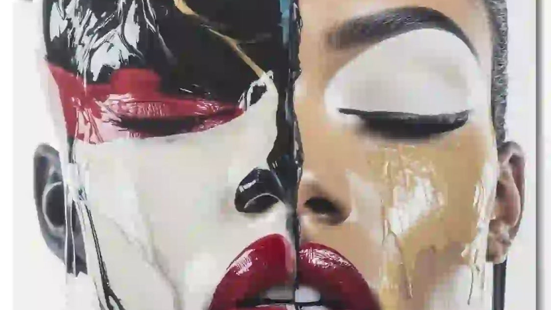 Abstract dripping portrait art contemporary split face red lips aluminum print NYC artist wall art