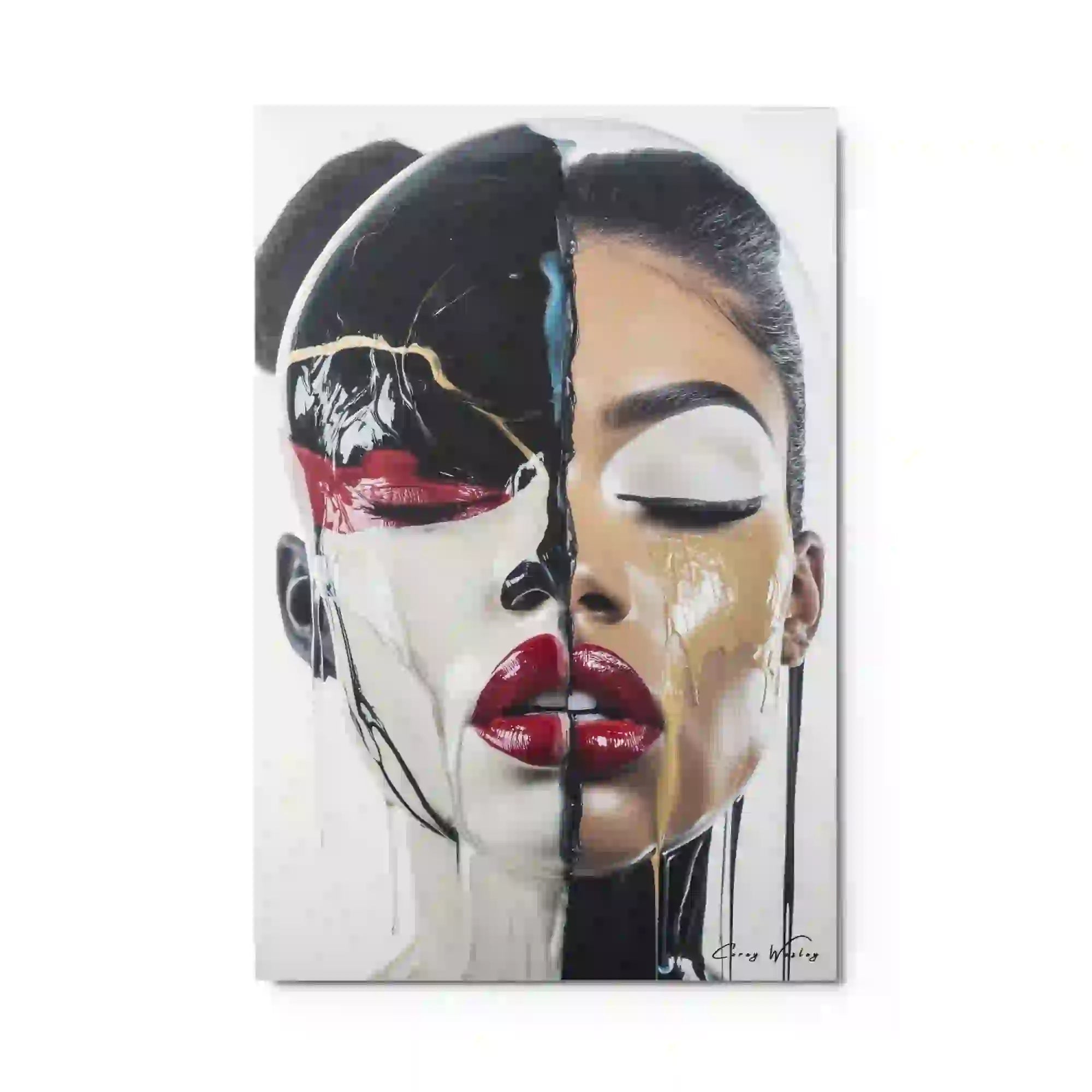 Abstract dripping portrait art contemporary split face red lips aluminum print NYC artist wall art