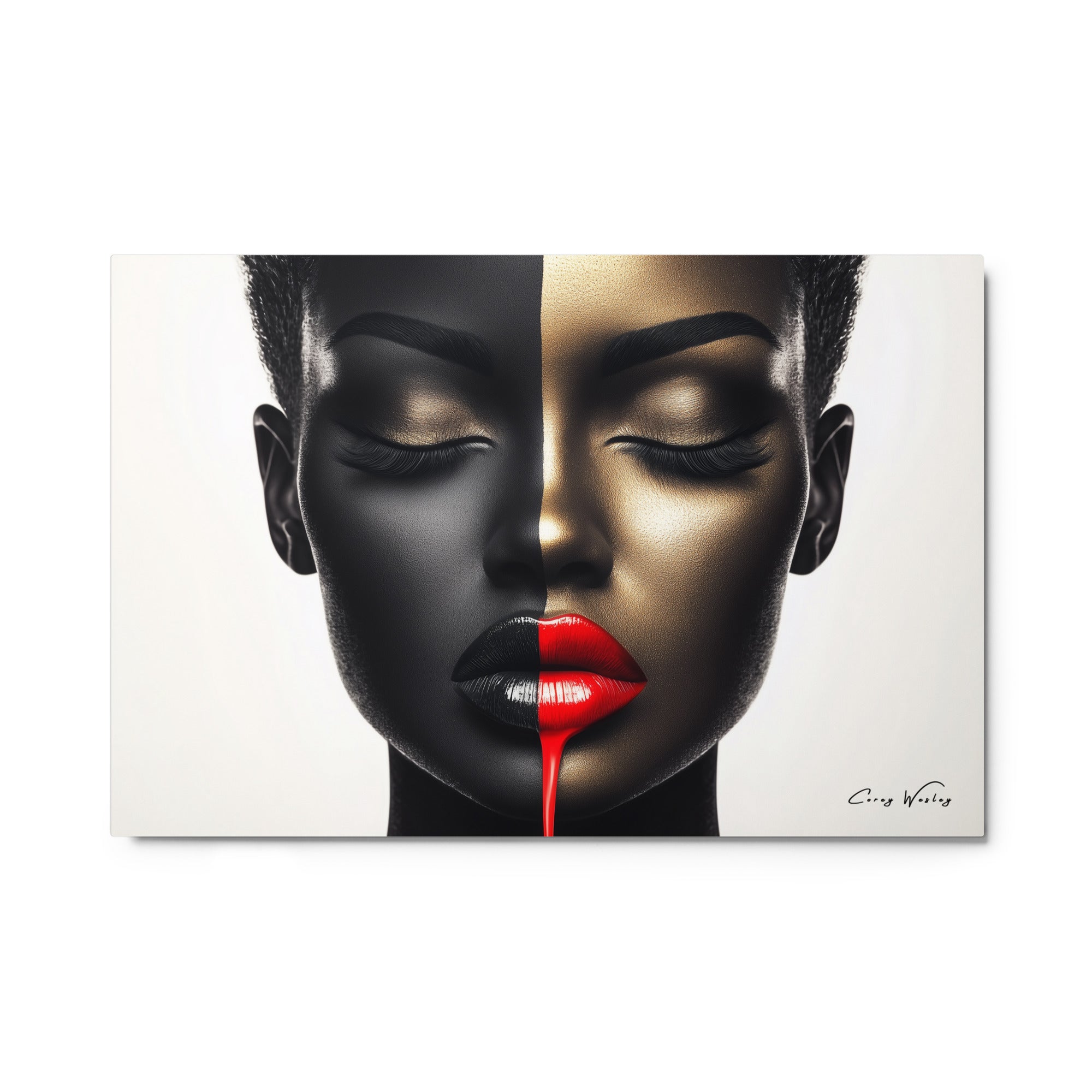 "The Bloodline of Queens" – luxury metal artwork of a Black woman with half-gold, half-black face, red lips dripping paint; modern tribute to Cleopatra and Black female power.
