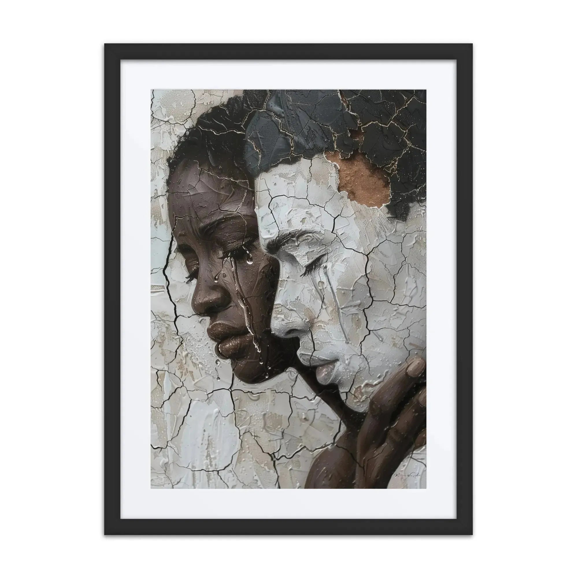 Black white cracked portrait art contemporary male face blue accent aluminum print NYC artist wall art"