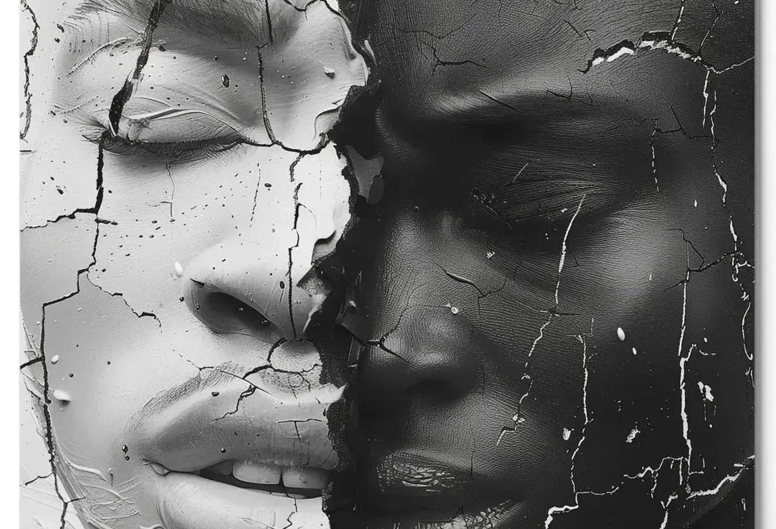 Black white cracked portrait art contemporary weathered face texture aluminum print NYC artist wall art