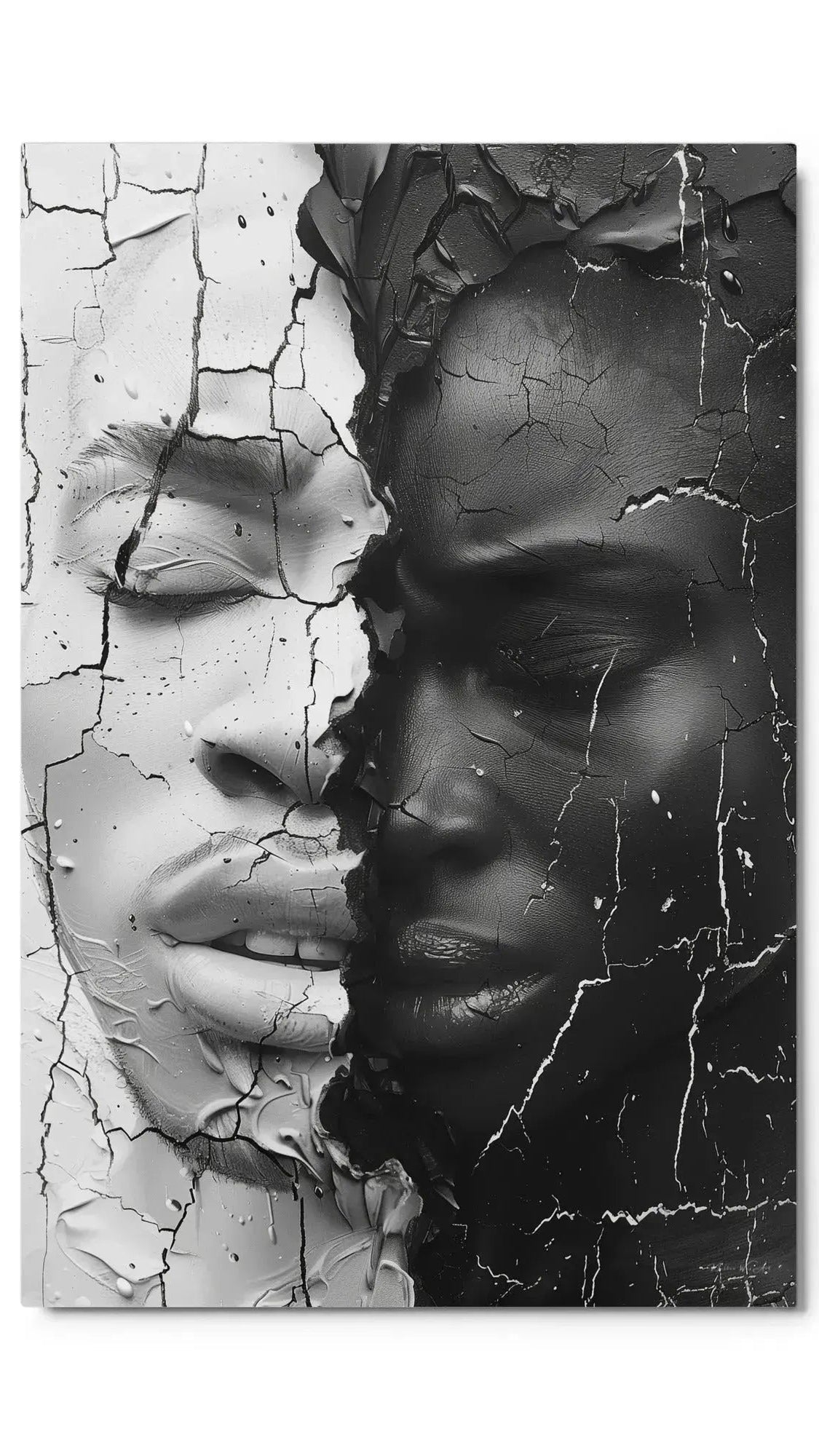 Black white cracked portrait art contemporary weathered face texture aluminum print NYC artist wall art contemporary figurative portrait artwork by Harlem artist Corey Wesley