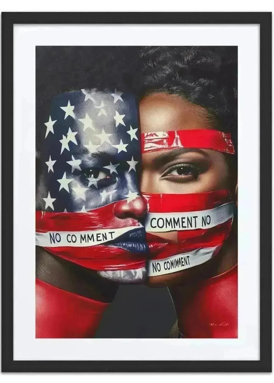 America Silenced, one-of-one framed contemporary work by Harlem artist Corey Wesley, 24x18, Milton Wes Art, Harlem NYC