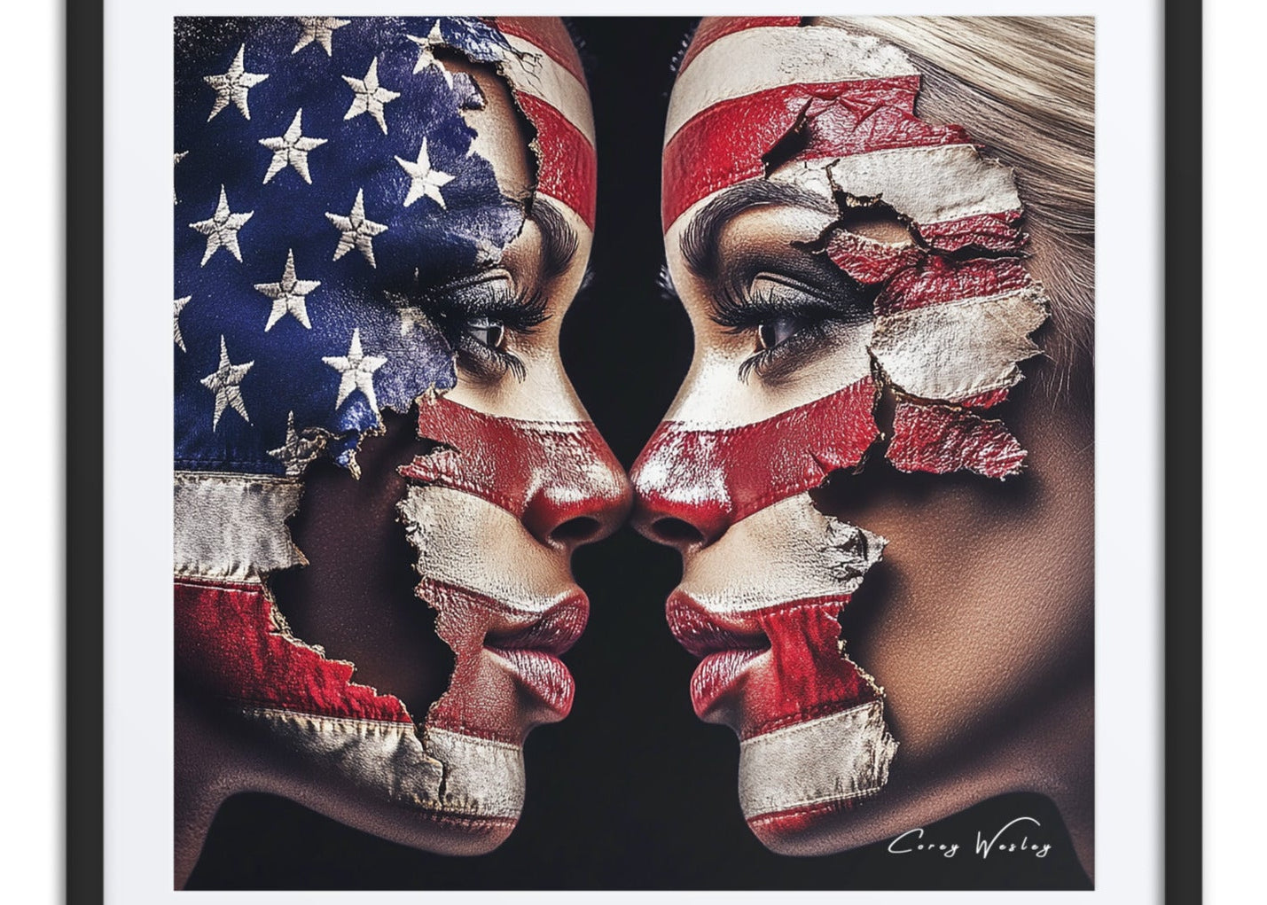 American Divide 24x36 framed wall art - Milton Wes Art contemporary aluminum portrait social commentary