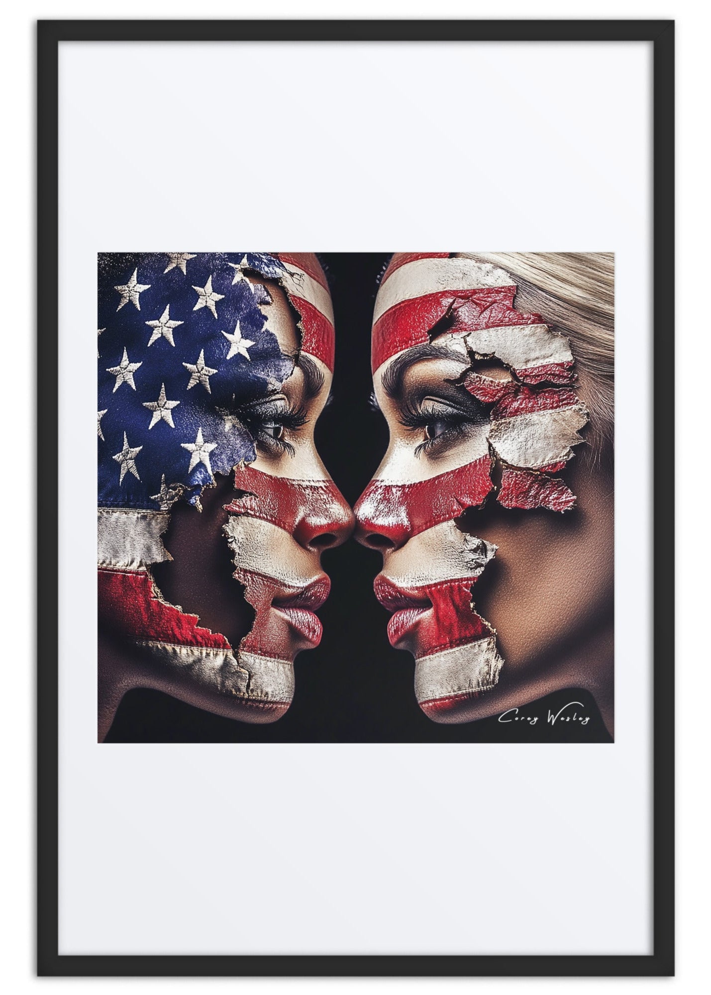 American Divide 24x36 framed wall art - Milton Wes Art contemporary aluminum portrait social commentary contemporary figurative portrait artwork by Harlem artist Corey Wesley