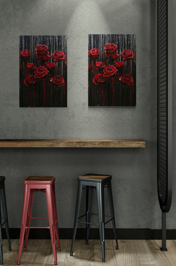 Metal prints of vivid red roses on a dark background by Milton Wes Art, displayed on a modern grey wall with wooden shelf and industrial-style stools