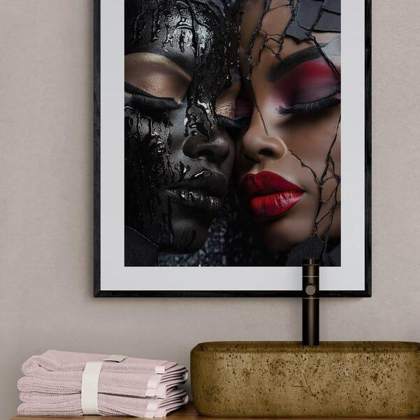 Framed modern abstract African-American art print titled "Shattered Unity" in an Afrocentric home decor setting, featuring glossy black and bright red colors