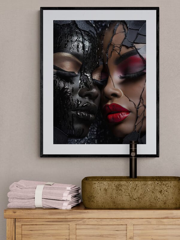 Framed modern abstract African-American art print titled "Shattered Unity" in an Afrocentric home decor setting, featuring glossy black and bright red colors