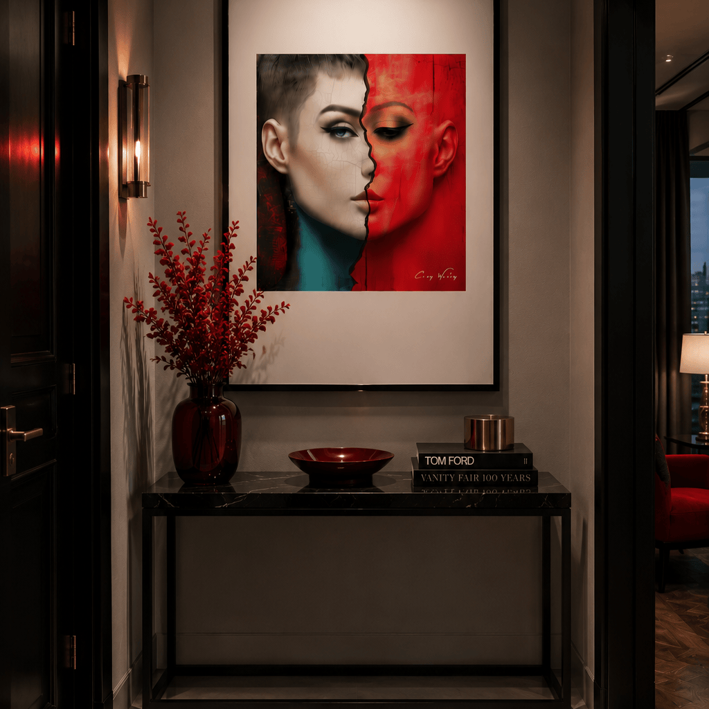 Beautiful Accident — one of one framed contemporary work by Harlem artist Corey Wesley, a single face split between cool grey composure and red heat with a gold-lidded eye, shown in a dark entryway, 24×36, Milton Wes Art, Harlem NYC.