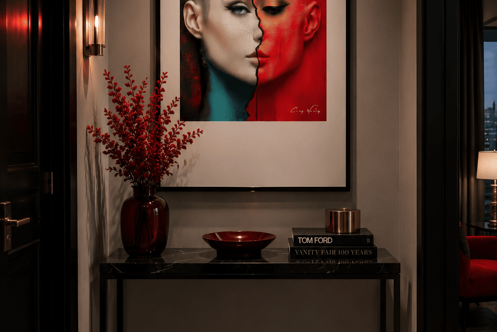 Beautiful Accident — one of one framed contemporary work by Harlem artist Corey Wesley, a single face split between cool grey composure and red heat with a gold-lidded eye, shown in a dark entryway, 24×36, Milton Wes Art, Harlem NYC.