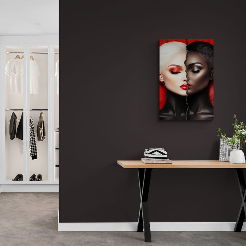 Metal wall art by Corey Wesley, titled ‘Faces of Contrast,’ displayed in a modern room with a black accent wall.