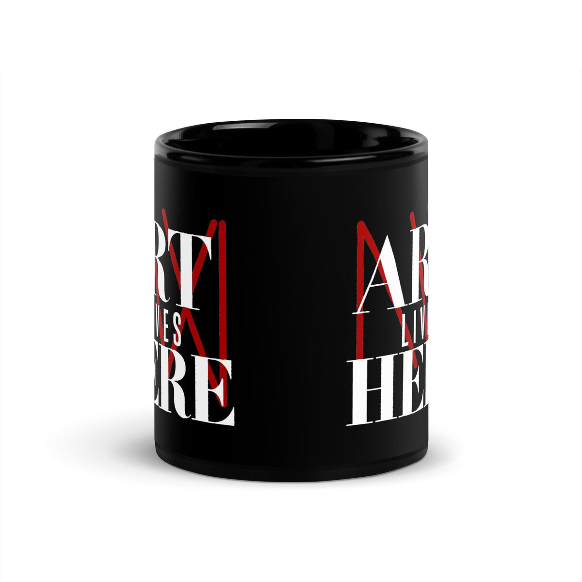 Art Lives Here Mug, black glossy 11 oz, view opposite the handle.
