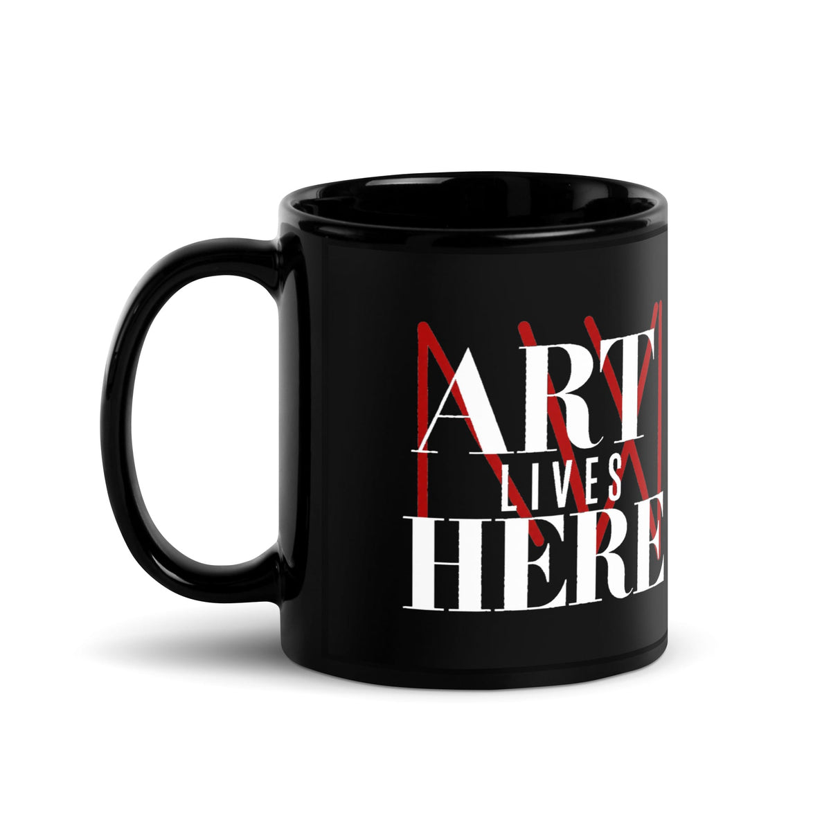 Art Lives Here Mug, black glossy 11 oz, handle on the left, with white lettering and the red MW logo.