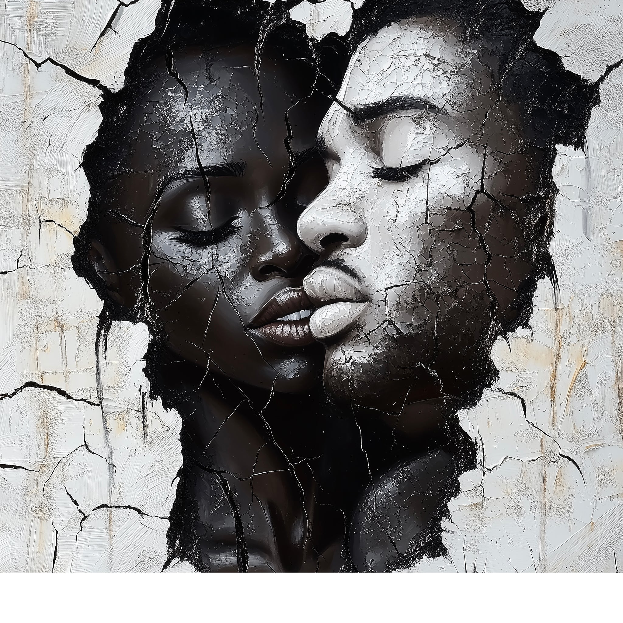Black Love — one of one framed work on archival museum-quality aluminum by Harlem artist Corey Wesley. Two faces merge into one, one side deep black, one side luminous white, rendered in a cracked stone texture. 24x36. Unapologetic Faces series.
