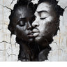 Black Love — one of one framed work on archival museum-quality aluminum by Harlem artist Corey Wesley. Two faces merge into one, one side deep black, one side luminous white, rendered in a cracked stone texture. 24x36. Unapologetic Faces series.