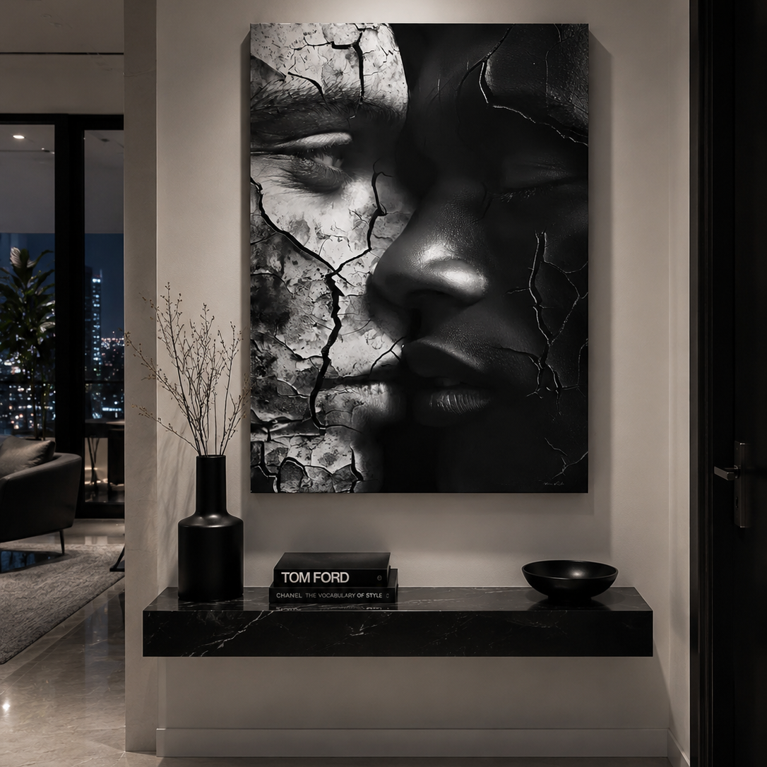 Blended Love by Corey Wesley, 24x36 contemporary artwork on aluminum displayed in modern luxury foyer with city skyline views, Milton Wes Art