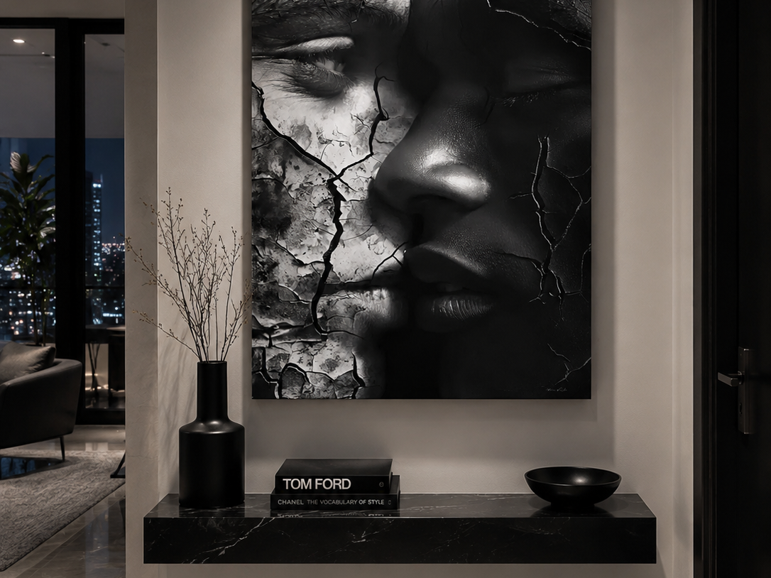 Blended Love by Corey Wesley, 24x36 contemporary artwork on aluminum displayed in modern luxury foyer with city skyline views, Milton Wes Art