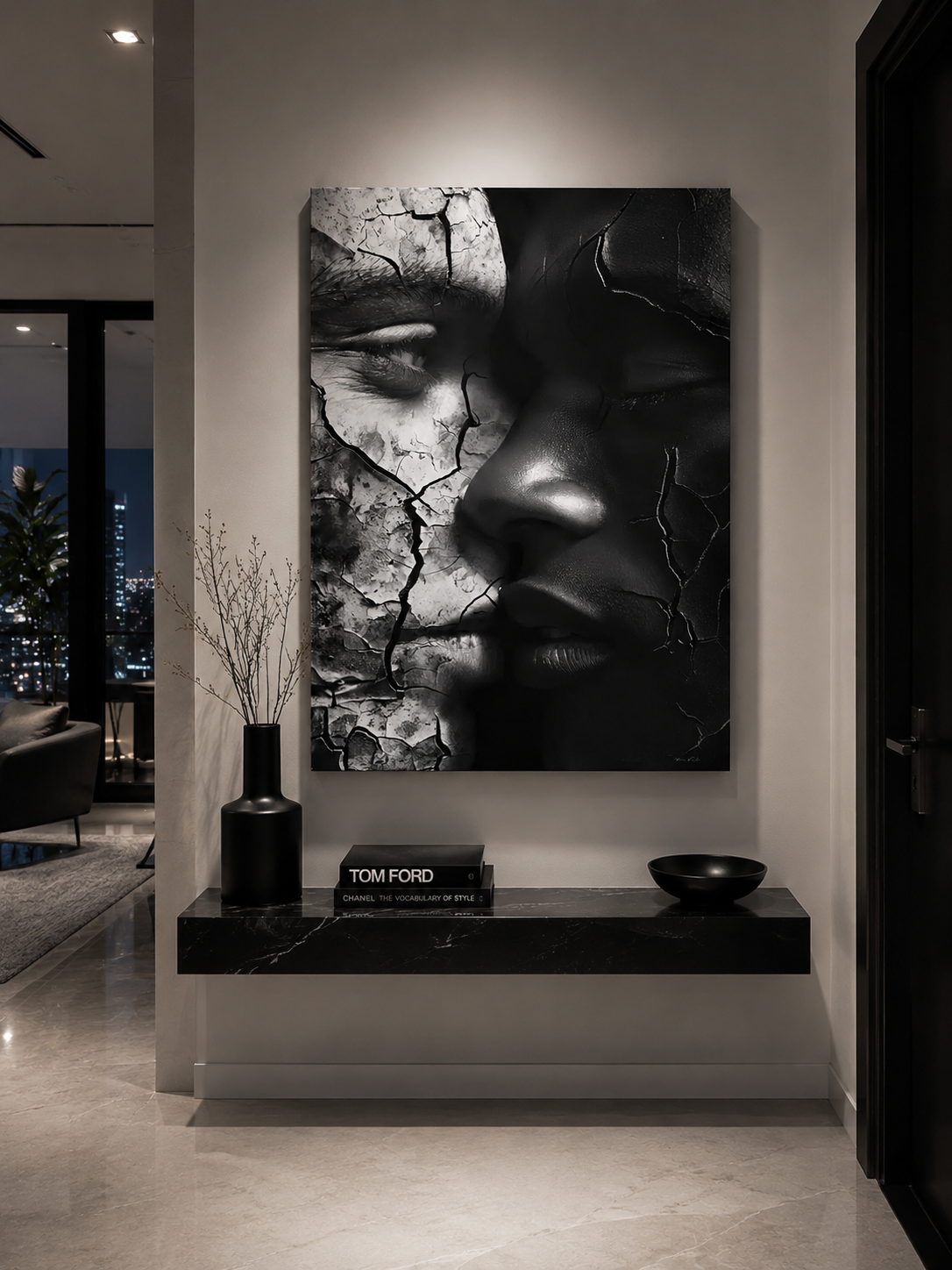 Blended Love by Corey Wesley, 24x36 contemporary artwork on aluminum displayed in modern luxury foyer with city skyline views, Milton Wes Art contemporary figurative portrait artwork by Harlem artist Corey Wesley
