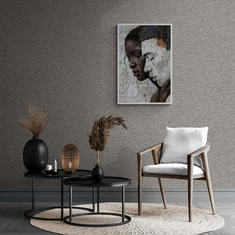 Dynamic abstract piece ‘Complexity of Black Love Identity | Framed Canvas Wall Art’ with vibrant colors and powerful imagery of African-American themes, ideal for home decor by Milton Wes Art.