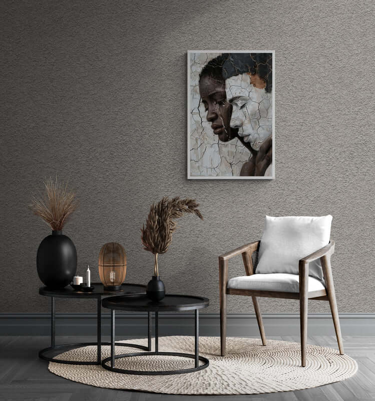 Dynamic abstract piece ‘Complexity of Black Love Identity | Framed Canvas Wall Art’ with vibrant colors and powerful imagery of African-American themes, ideal for home decor by Milton Wes Art.