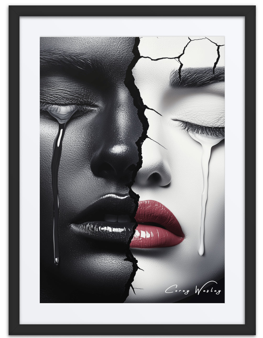 Broadway Duality, one-of-one framed contemporary work by Harlem artist Corey Wesley, 18x24, shown matted in a black wood frame, a face split between a deep black half with a black tear and a pale half with a red lip and a white tear, Milton Wes Art, Harlem NYC