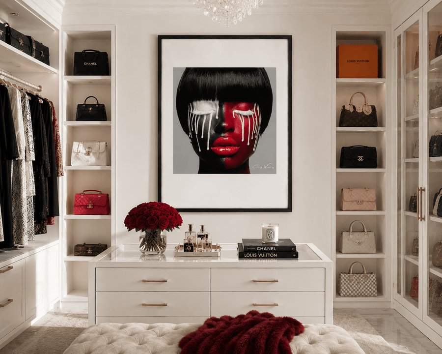Burning Desire one of one framed artwork by Corey Wesley shown in a gallery setting, 24x36, Harlem NYC