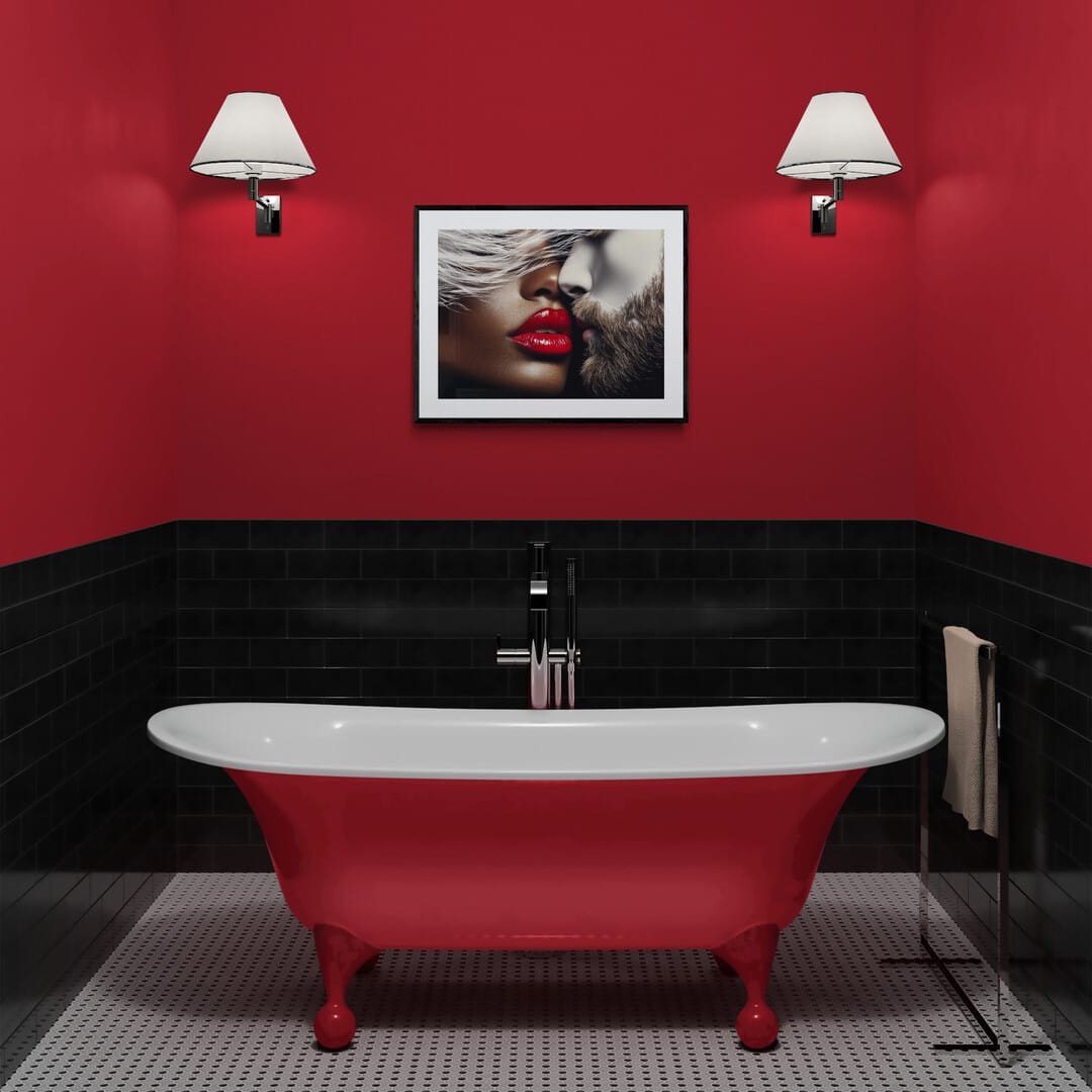 Framed abstract African-American wall art in a modern bathroom with red and black decor, featuring vibrant Afrocentric gallery-quality print.