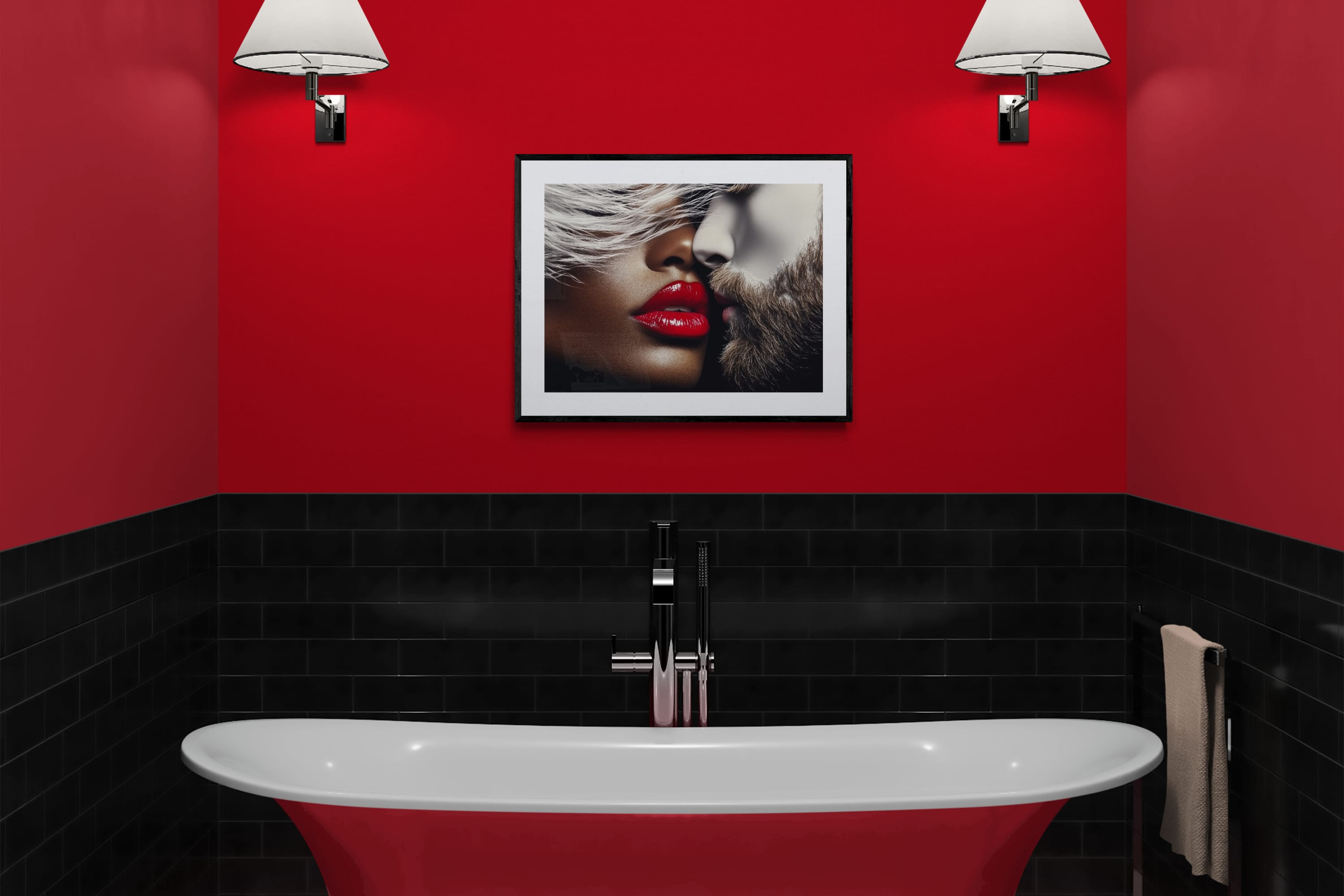 Stylish bathroom interior featuring a striking piece of wall art depicting a close-up of two faces kissing, set against vibrant red walls, showcasing modern decor and the emotional connection expressed in contemporary wall art