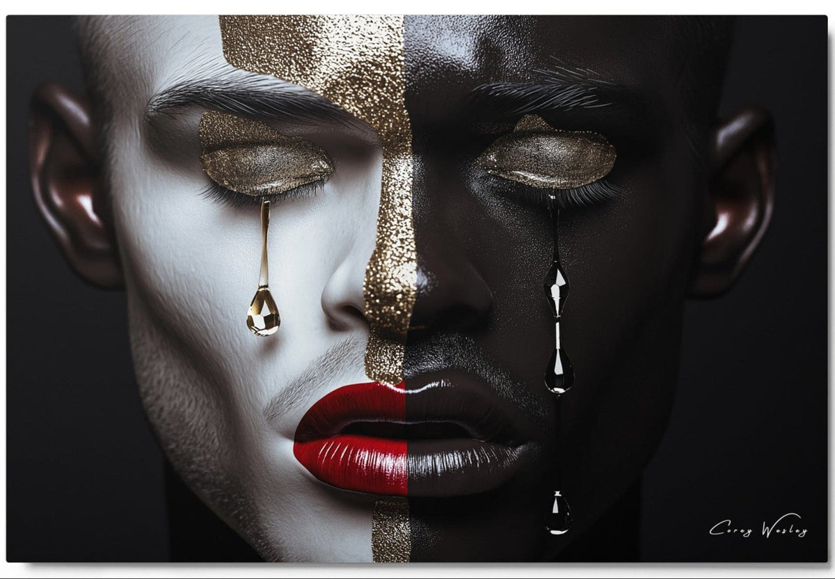 Clowned by Capitalism by Corey Wesley. A face split pale and dark, gold on the brow and eyelids, gold and silver tears, red lips.